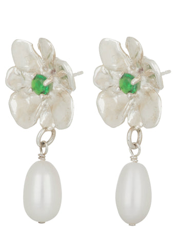Flower Pearl Drop Earrings in Silver - Lizard