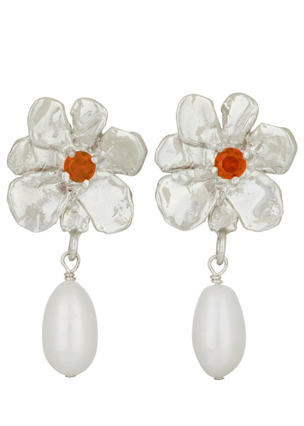 Flower Pearl Drop Earrings in Silver - Orange – Mondo Mondo
