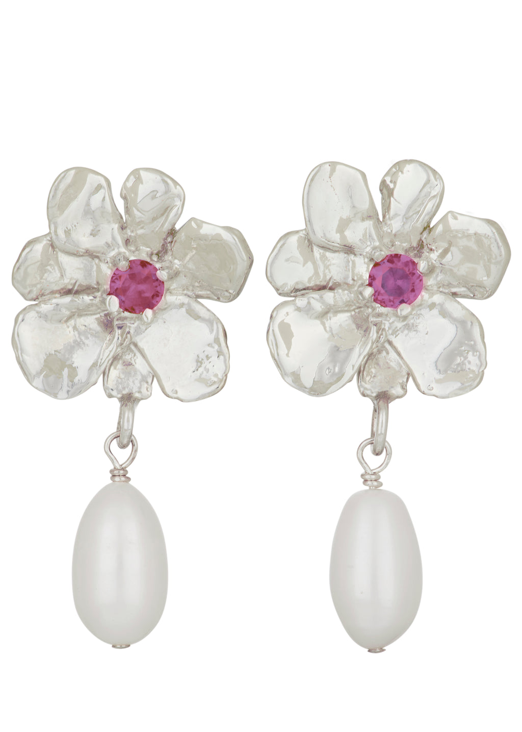 Flower Pearl Drop Earrings in Silver - Fuchsia