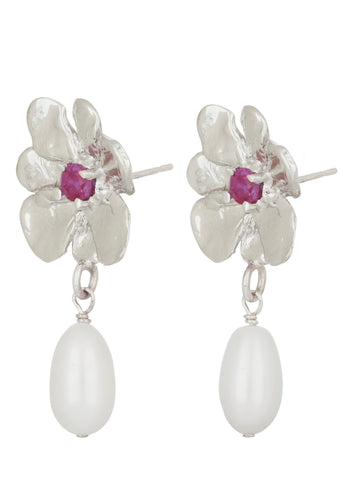 Flower Pearl Drop Earrings in Silver - Fuchsia