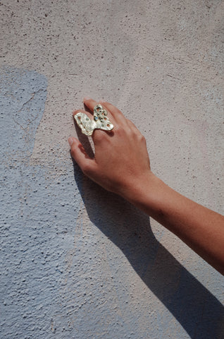 Butterfly Ring in Brass - Peridot & Blue Topaz