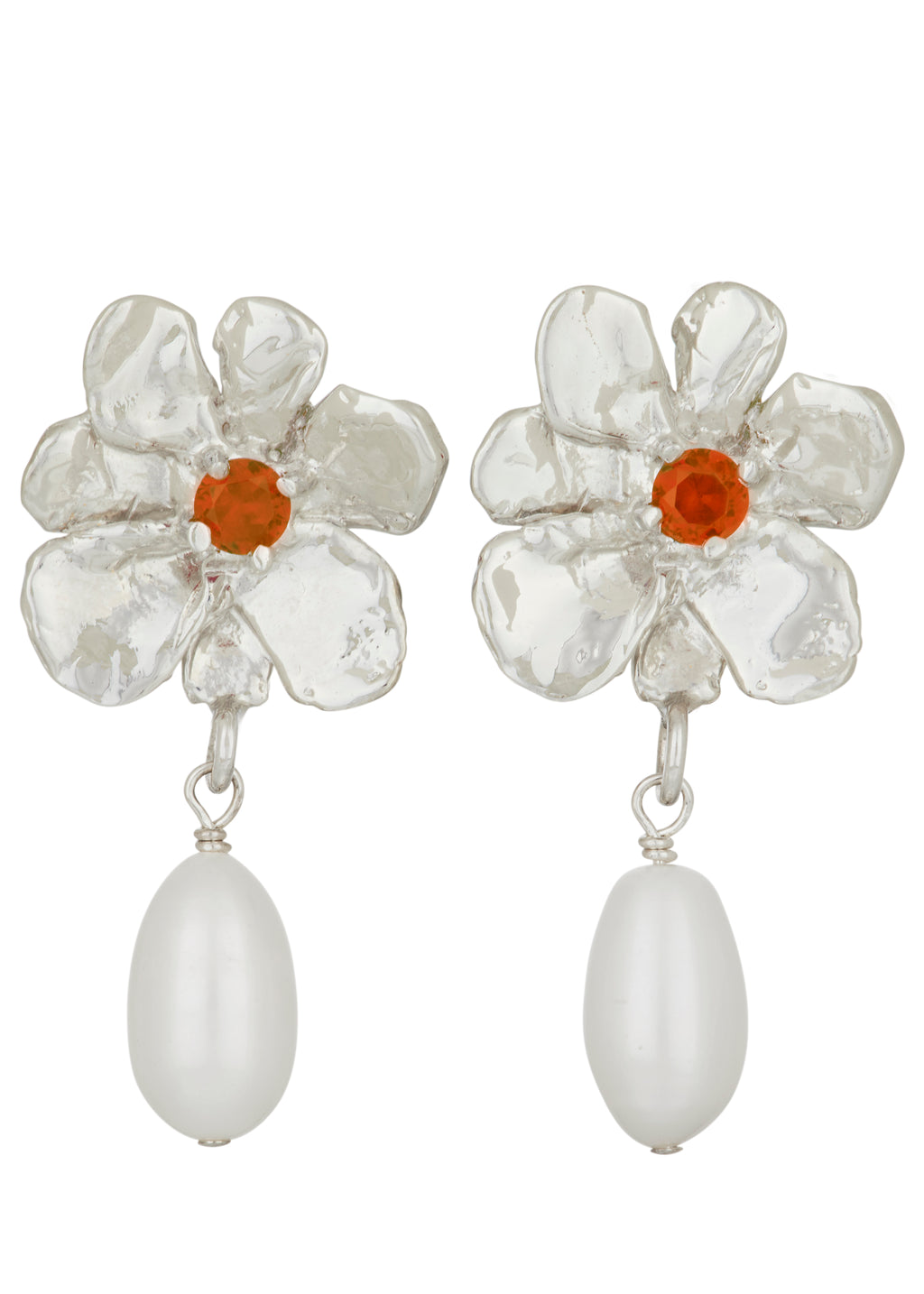 Flower Pearl Drop Earrings in Silver - Orange