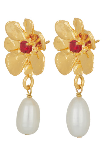Flower Pearl Drop Earrings in Gold - Red