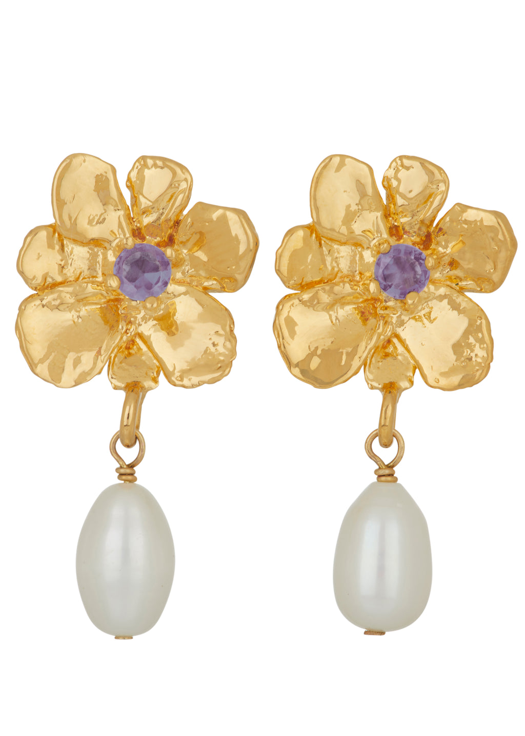 Flower Pearl Drop Earrings in Gold - Violet